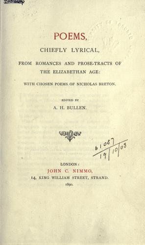 Cover of Poems, chiefly lyrical, from romances and prose-tracts of the Elizabethan Age