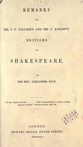Cover of Remarks on Mr. J.P. Collier's and Mr. C. Knight's editions of Shakespeare