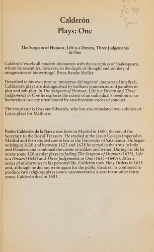 Cover of Calderón Plays One: The Surgeon of Honour; Life is a Dream; Three Judgements in One