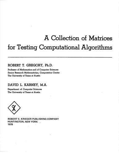 Cover of A collection of matrices for testing computational algorithms