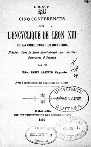 Cover of Cinq conférences sur l'encyclique de Léon XIII de la condition des ouvriers