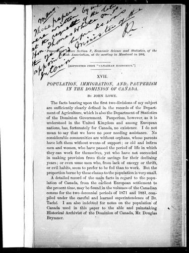 Cover of Population, immigration, and pauperism in the Dominion of Canada
