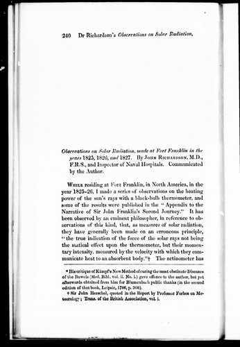 Cover of Observations on solar radiation, made at Fort Franklin in the years 1825, 1826 and 1827