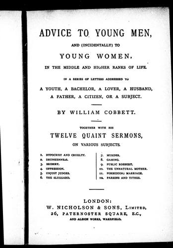 Cover of Advice to young men, and (incidentally) to young women, in the middle and higher ranks of life