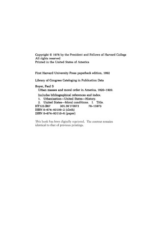 Cover of Urban masses and moral order in America, 1820-1920