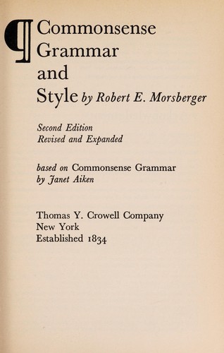 Cover of Commonsense grammar and style