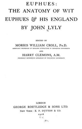 Cover of Euphues the anatomy of wit