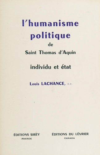 Cover of L'humanisme politique de Saint Thomas d'Aquin