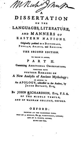 Cover of A Dissertation on the Languages, Literature and Manners of Eastern Nations