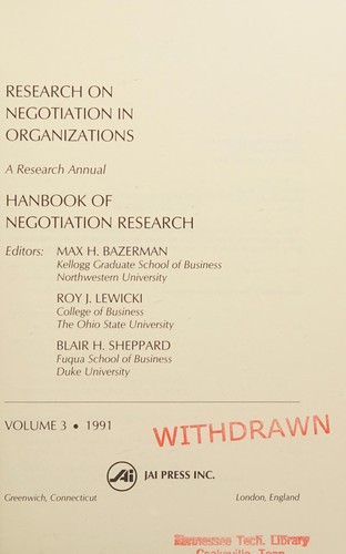 Cover of Research on Negotiation in Organizations: Handbook of Negotiation Research