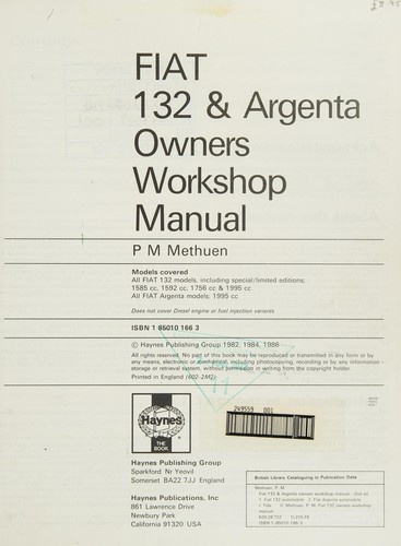 Cover of Fiat 132 and Argenta 1973-85 All Models Owner's Workshop Manual