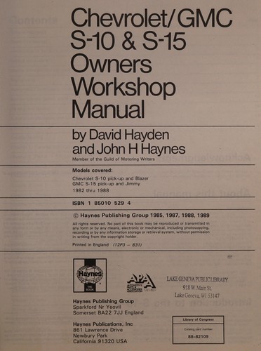 Cover of Chevrolet & GMC S Series Pick-ups 1982 thru 1988 (S-10 & S-15 Pick-ups, S-10 Blazer, S-15 Jimmy) - Owners Workshop Manual