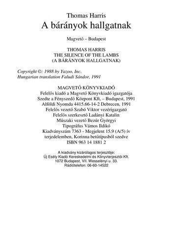 Cover of A bárányok hallgatnak